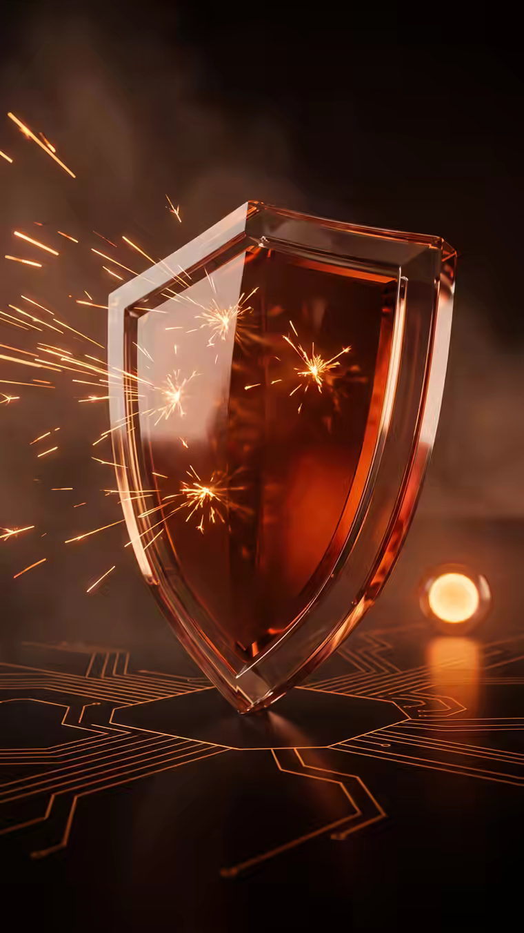 A glass shield deflecting sparks away from a glowing AI core